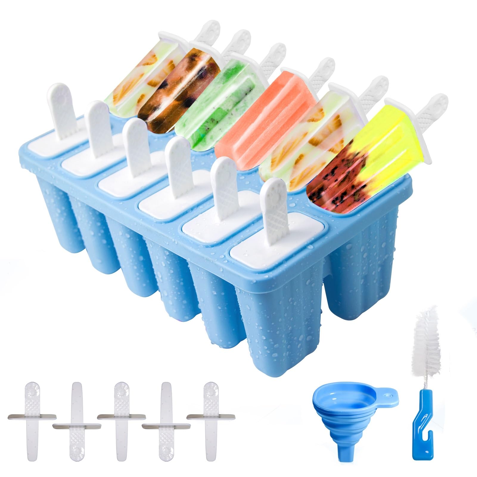 Ice Lolly Moulds with Sticks,12-Hole Silicone Popsicle Moulds, Non-Stick Ice Cream Moulds with Cleaning Brush and Folding Funnel, BPA Free