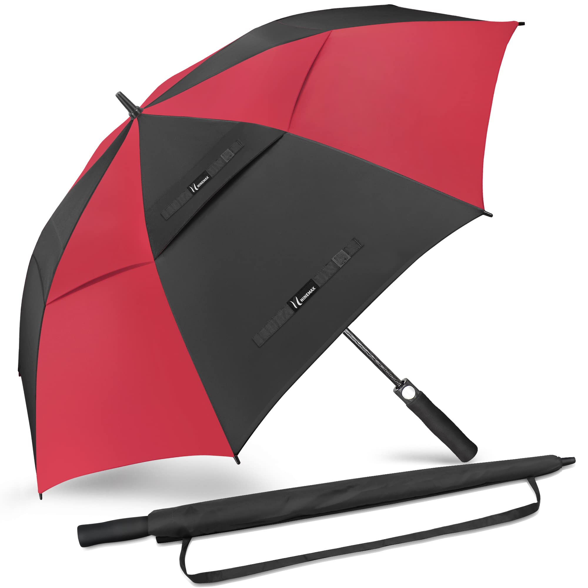 NINEMAX Golf Umbrella Windproof and Rainproof 68inch, Large Umbrella Double Canopy, Golfing Brolly Heavy Duty Unbreakable for Men Women(Black/Red)