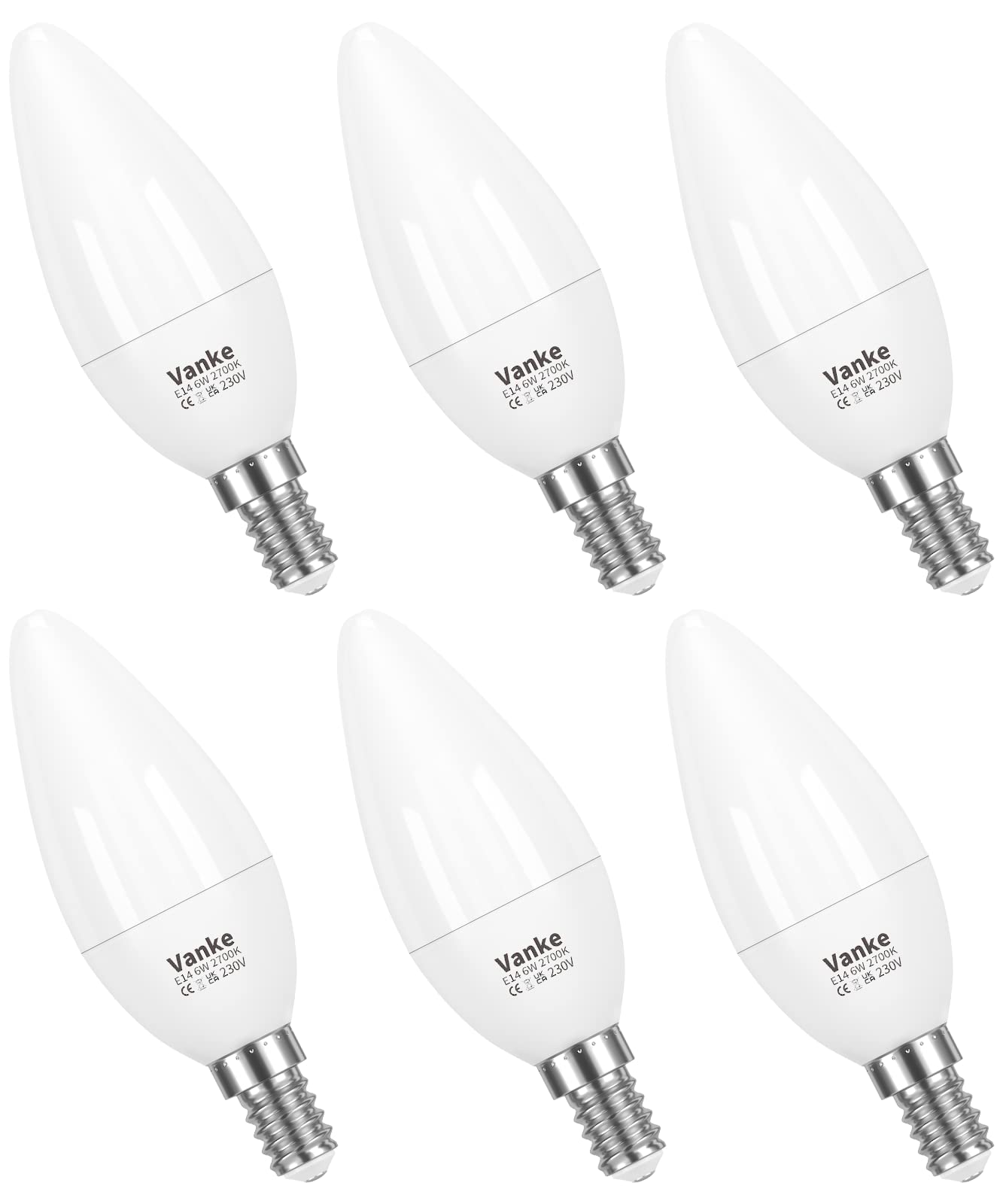 Vanke E14 LED Light Bulbs, Warm White 2700K Yellow Light, 6W (40W Incandescent), SES Small Screw Candle in Light Bulb, 470lm, Pack of 6, Non-Dimmable