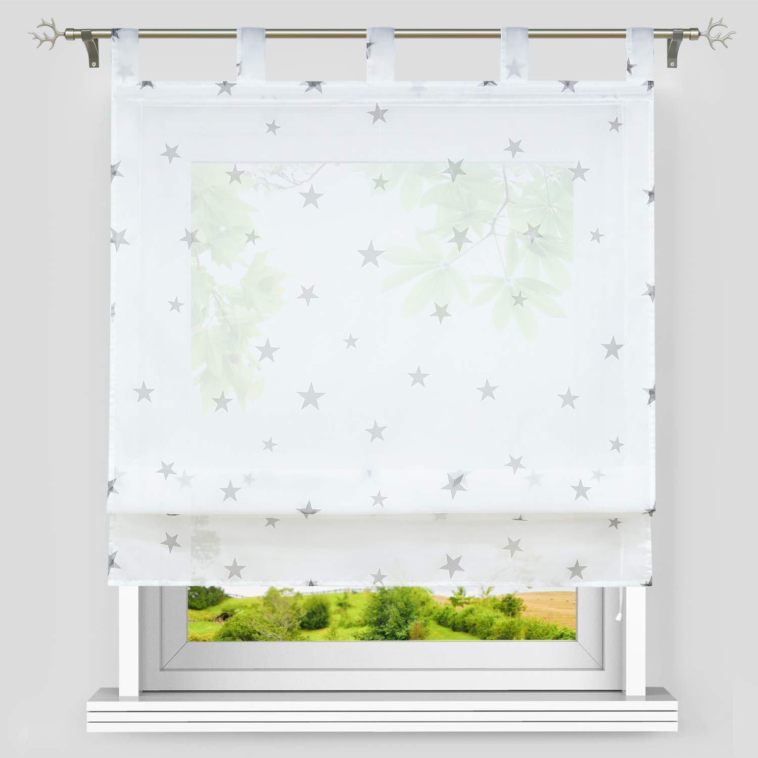 Heichkell Voile Roman Blind Star Pattern Transparent Roman Curtain with Loops Stars Tab-Top Roller Blind Children's Room Curtain W x H 120 x 140 cm White / Grey