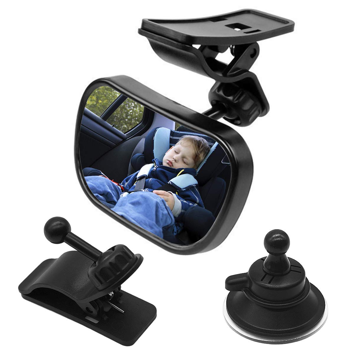 NATUCE 1 Baby Car Mirror with 2 brackets, Car Seat Mirror 360°Adjustable, Safety Child Rear View Mirror with Sucker and Clip, Back Seat Mirror, 100% Shatterproof, for Baby Infant Toddler Child Mom