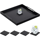 Remagr 24'' Square Extra Large Ottoman Tray, Wood Serving Tray with 4 Coasters and Metal Handles Decorative Coffee Table Platter for Living Room Sofa Food Tea Server Housewarming Home Gift(Black)