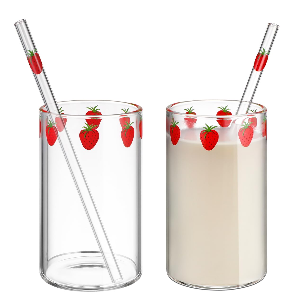 MAGICLULU Strawberry Printed Milk Cup Set of 2 with Straws 4.33Oz Clear Glass Juice Cups for Milk Tea Smoothies Cold Drinks Indoor Use