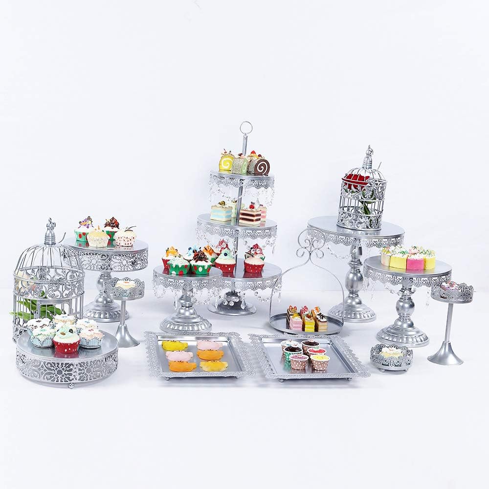Cupcake Stands, 14 Set Metal Crystal Cake Holder Cupcake Stand Cake Dessert Holder with Pendants and Beads,Wedding Birthday Dessert Cupcake Pedestal Display, Silver USA STOCK (14, Silver)