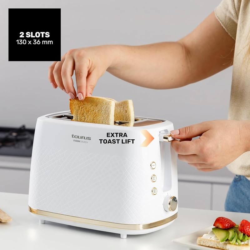 – Tostapane Fusion Crunch | 2 fessure corte | 7 livelli di tostatura |3 funzioni: Annulla, Riscalda, Scongela | Centratura automatica | Vassoio raccogli briciole | 800W