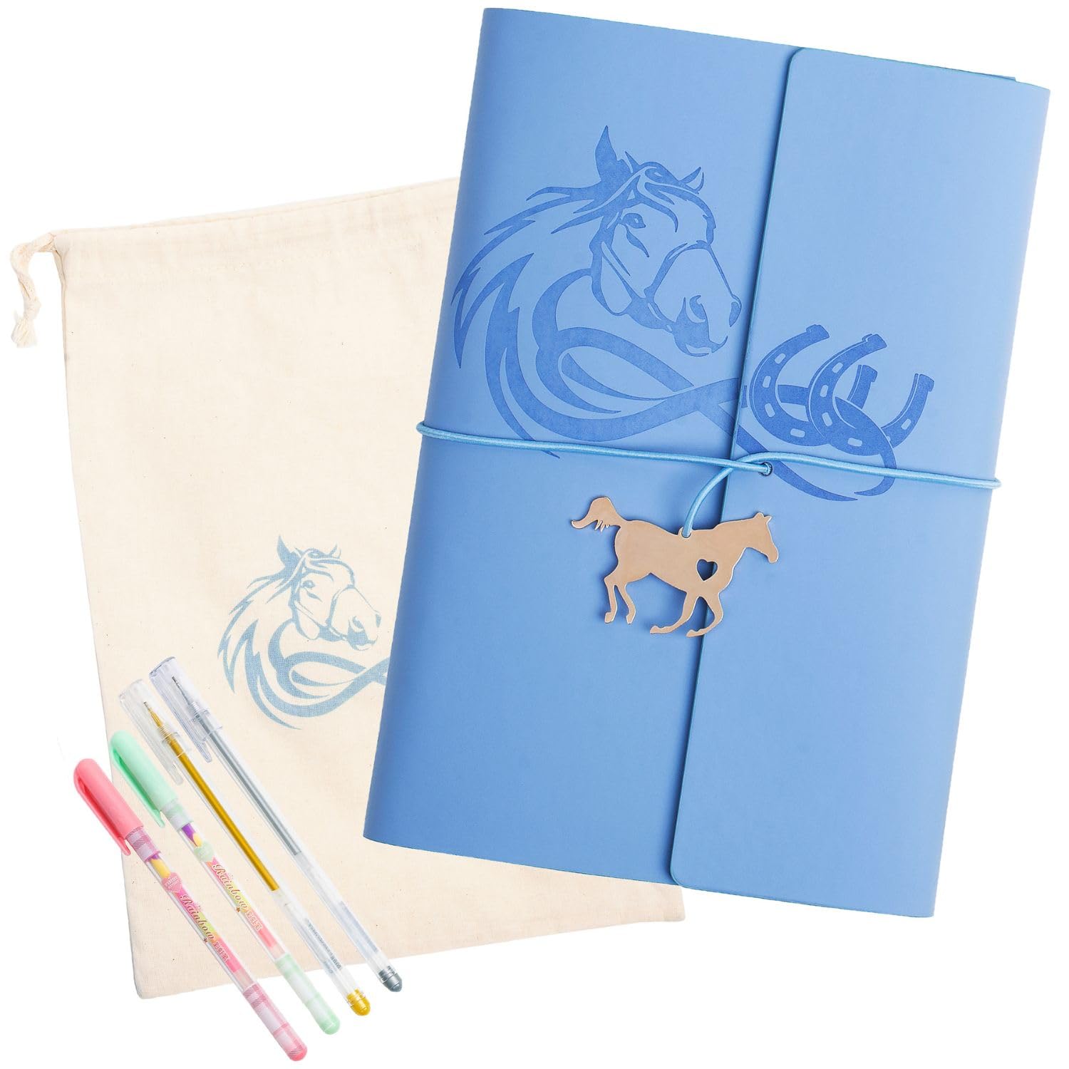 Cantik Horse Journal Notebook 7PC Set - Horse Notebook Gift For Girls & Women - PU Leather Refillable Diary With 4 Pens - Stationary For Girls - Perfect Horse Stuff for Writing & Scrapbooking (Blue) — image 1