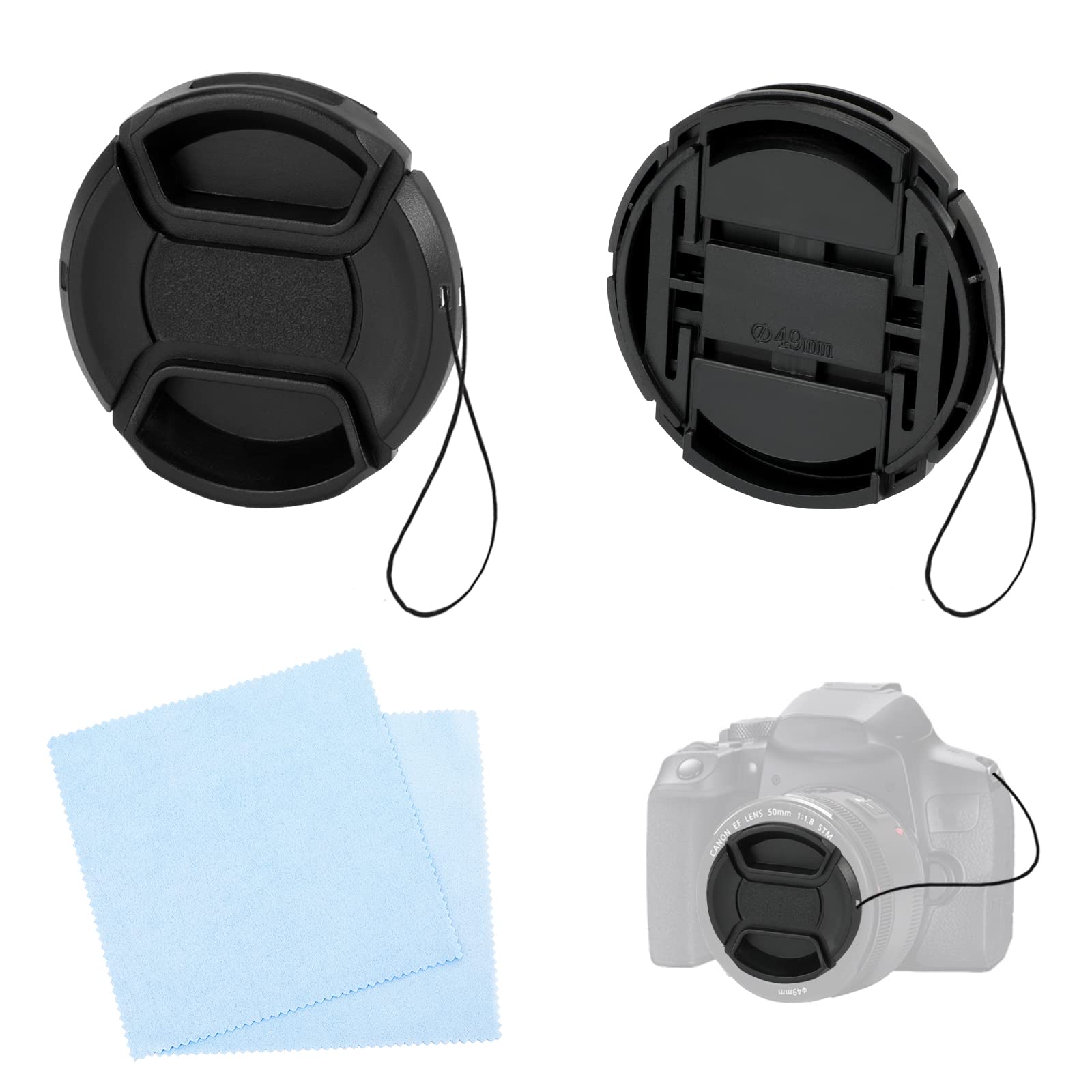 2 Pack 49mm Camera Lens Cap with Cleaning Cloth and Rope for Nikon Canon Sony DSLR Compatible with Sony FE 28mm f2 Lens, Canon EF-M 15-45mm f/3.5-6.3 is STM Lens & Other 49mm Thread Lenses