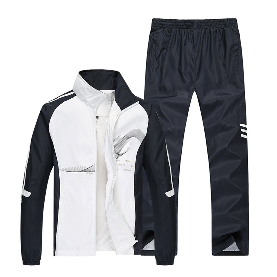 Sun LorenceMen's Athletic Full Zip Jogger Sweat Suit Casual Running Tracksuit Outfit White L