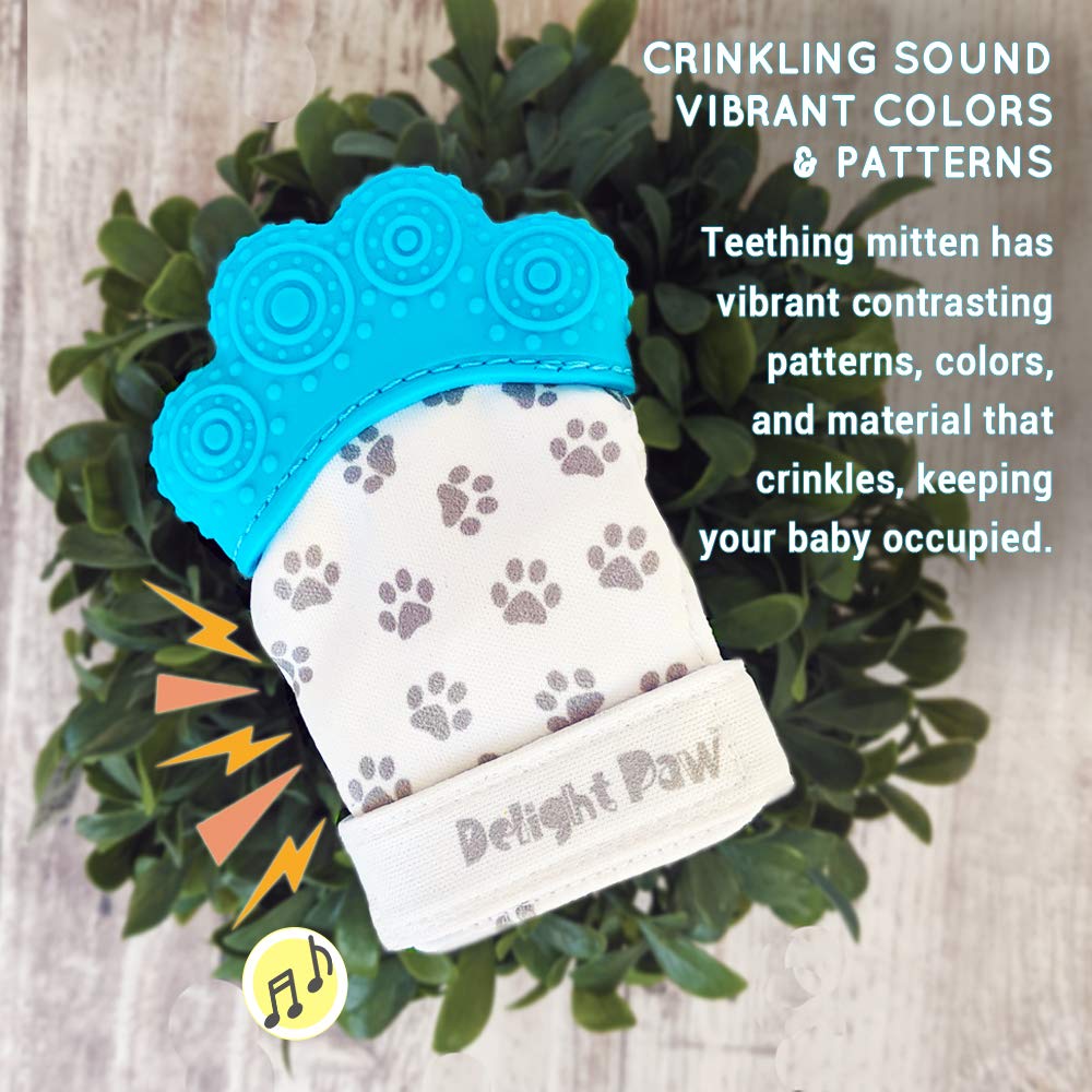 Delight Paw Baby Teething Mitten | Self Soothing Pain Relief | Hygienic Travel Bag | No BPA | Baby Boy/Girl | 3+ Months | Bubbly Blue | 2 Pack