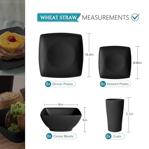Teivio 32-piece Plastic Wheat Straw Square Dinnerware Set for