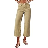 Allimy Women's High Waisted Straight Ankle Wide Leg Ripped Jeans Frayed Hem Stretchy Capri Denim Pants