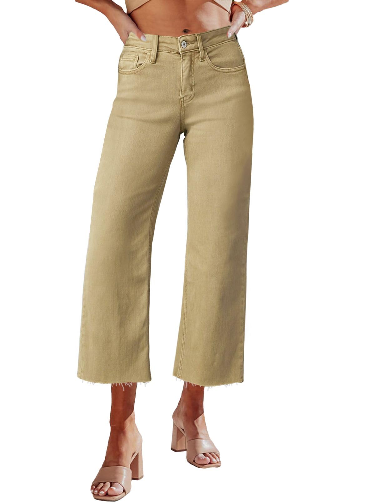 Photo 1 of (used/fair) (bagged) Allimy Womens High Waisted Jeans Trendy Stretch Ripped Wide Leg Distressed Straight Ankle Capris Denim Pants Khaki Size 12