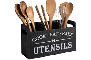 3-Compartment Farmhouse Kitchen Utensil Holder, Wooden Organizer for Countertop, Rustic Cooking Tool Storage​ for Farmhouse K