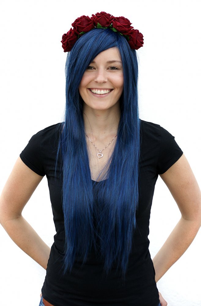 Prettyland C942 Long Women Wig Straight Silky Layered Hair 80 Cm Long with Bangs Dark Blue — image 1