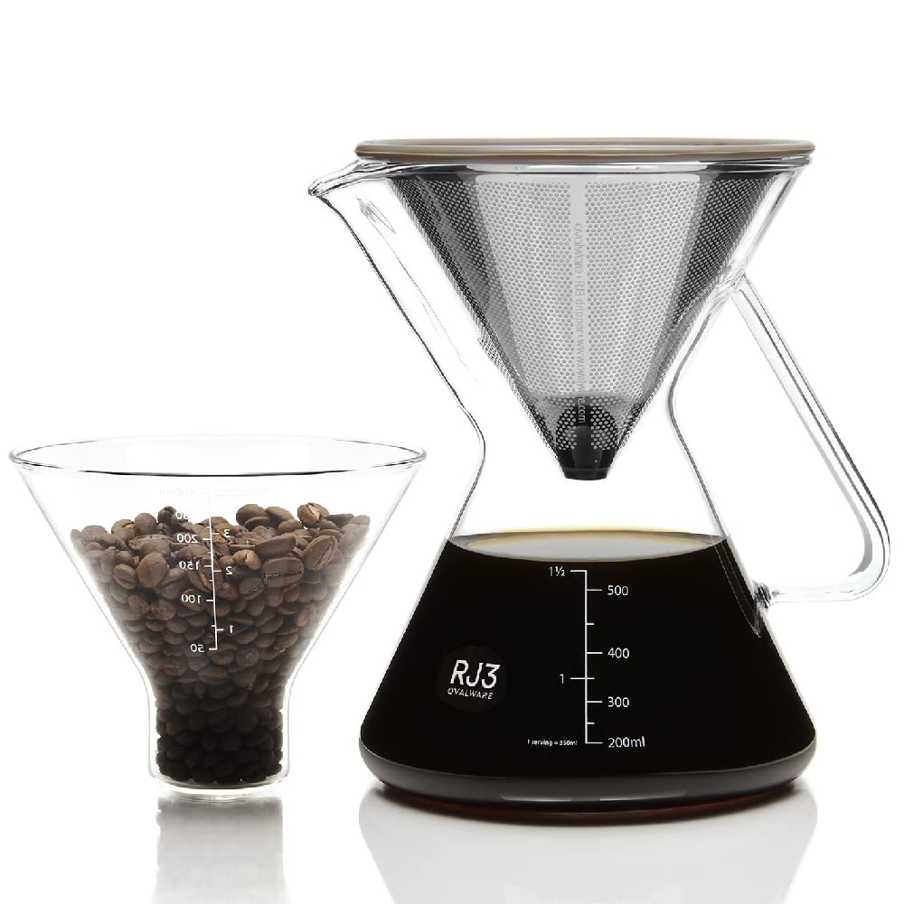 ovalware Pour Over Coffee Maker Set | 17oz / 0.5L Borosilicate Carafe with 304 Stainless Steel Filter and Precision Measuring Cup | Glass Coffee Dripper for Home Brewing