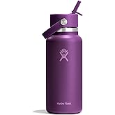Hydro Flask Water Bottle - Insulated Stainless Steel - Wide Mouth Flex Straw Lid, Non Spill, Leakproof and Refillable in 32 Oz Beachplum Purple