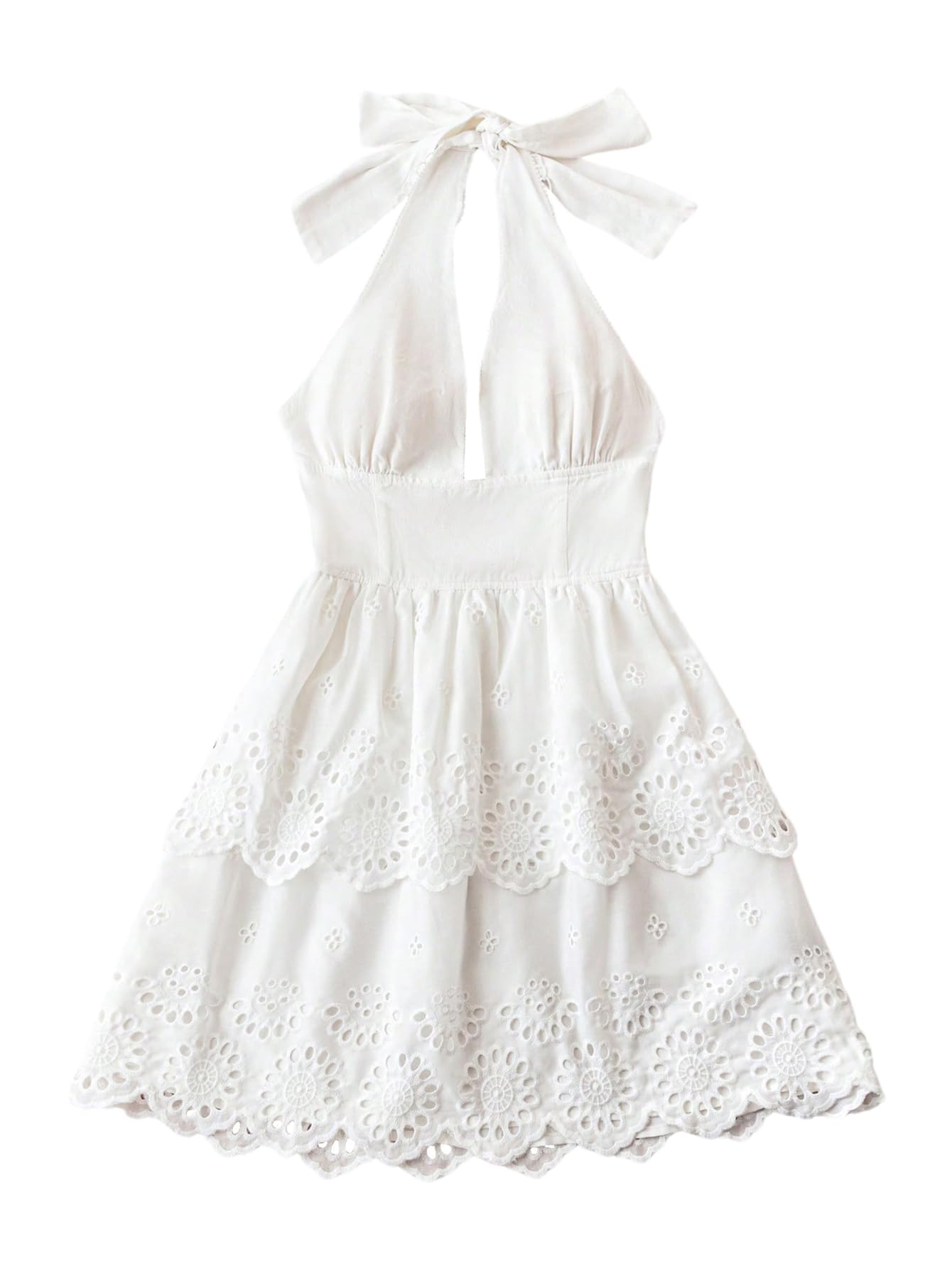 Photo 1 of *MINOR DAMAGE - USED*
MakeMeChic Women's Eyelet Embroidery Halter Dress Backless Tiered Ruffle A Line Shirred Mini Dresses White X-Large
