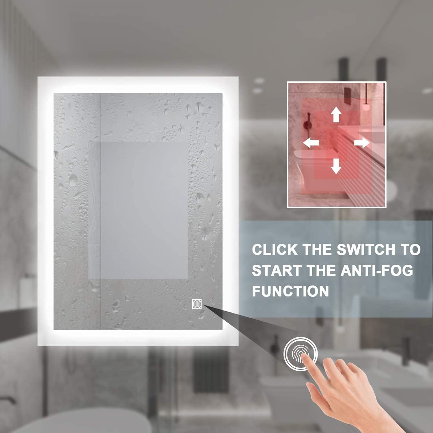 FITOLOGY Rectangle LED Bathroom Mirror Anti Fog Dimmable, Wall Mounted Vanity Mirror with Lights, IPX4 Waterproof Smart Makeup Mirror Large (36"x28"): Kitchen & Dining