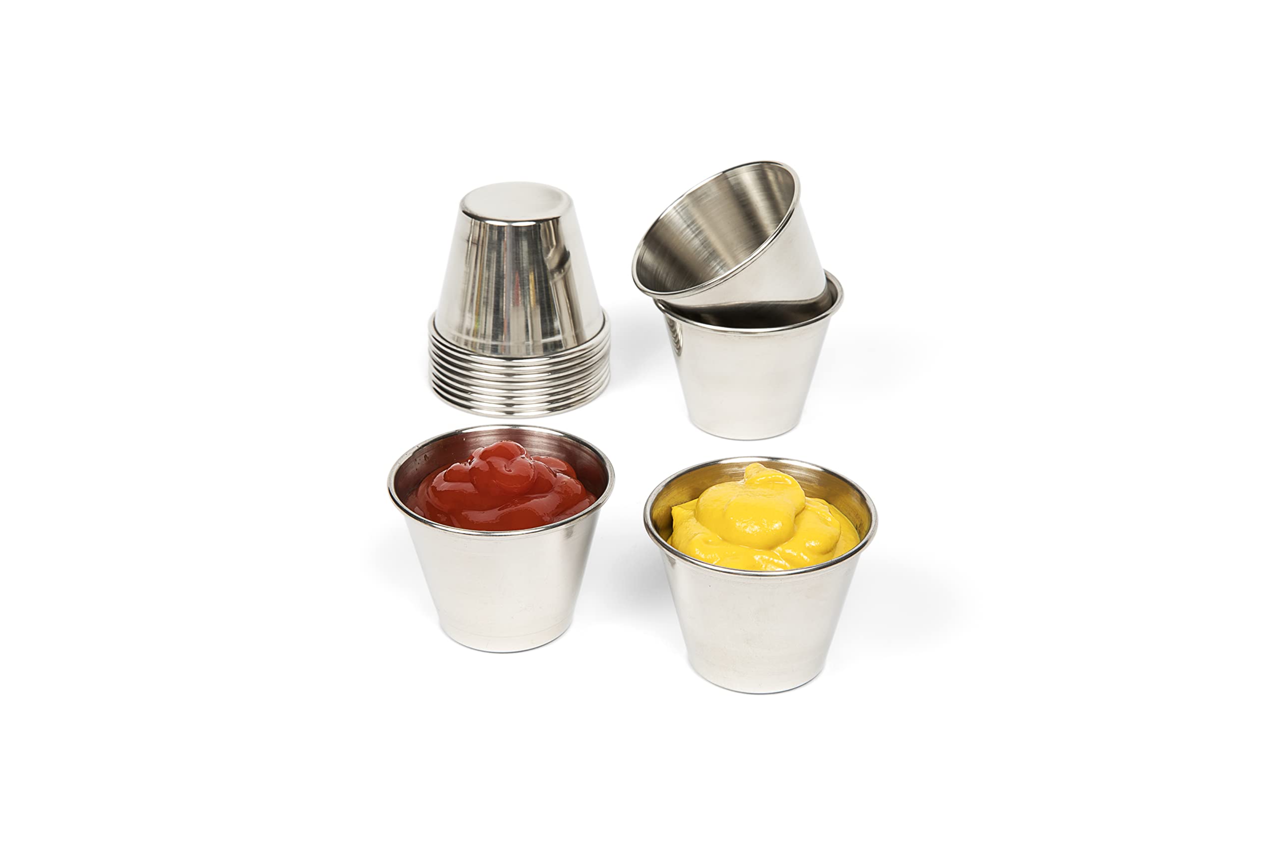 Small Sauce Cups, Stainless Steel Ramekin Dipping Sauce Cup, Commercial Grade Individual Round Condiment cups (12 of 2.5 oz.)