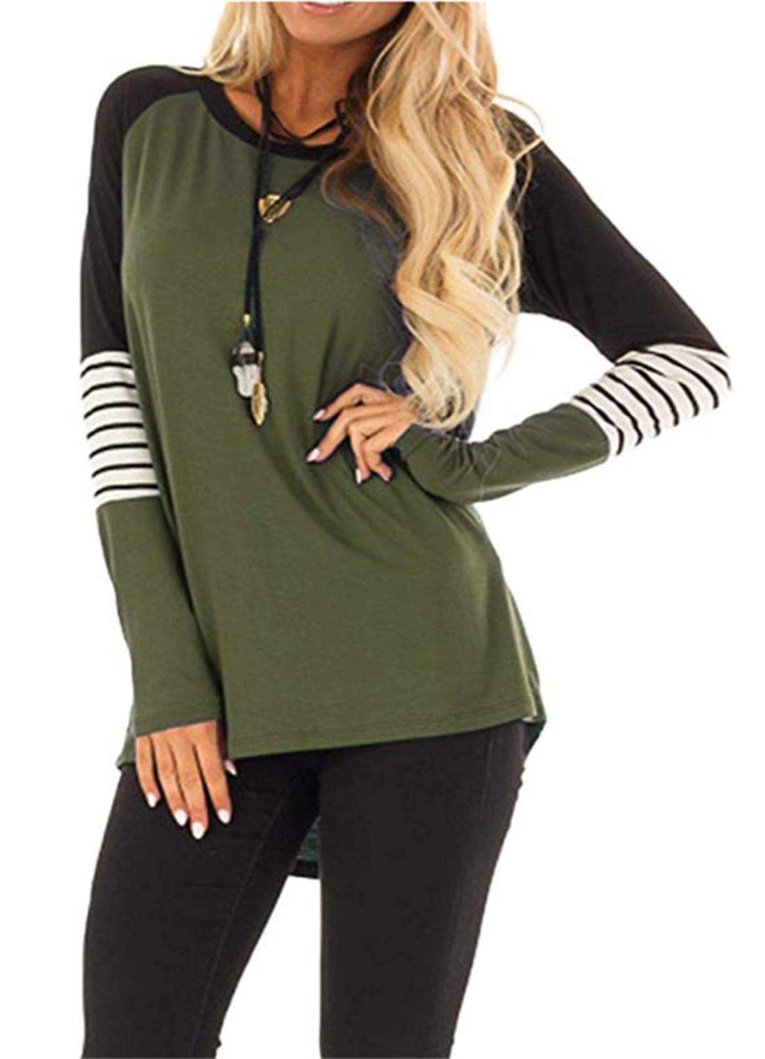 AMCLOS Womens Tops Striped Color Block Tee Shirts Casual Blouses Long Sleeve Pullover Lightweight Tunic (L, Green)