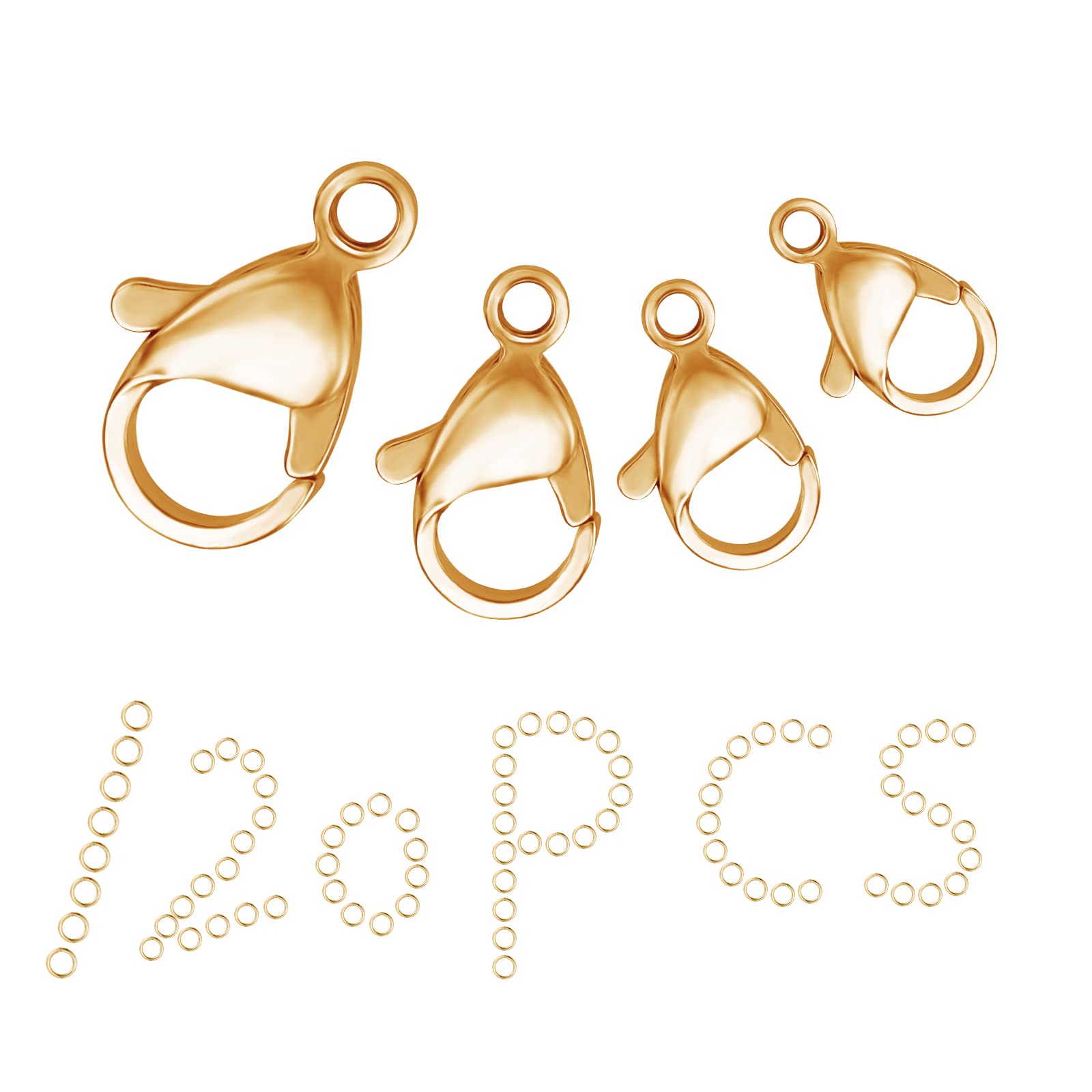 SUNNYCLUE 1 Box 120Pcs 18K Gold Plated 4 Size Lobster Clasp Jump Rings Brass Lobster Claw Clasp 9mm 10mm 12mm 15mm Jewelry Findings for DIY Bracelet Keychain Making
