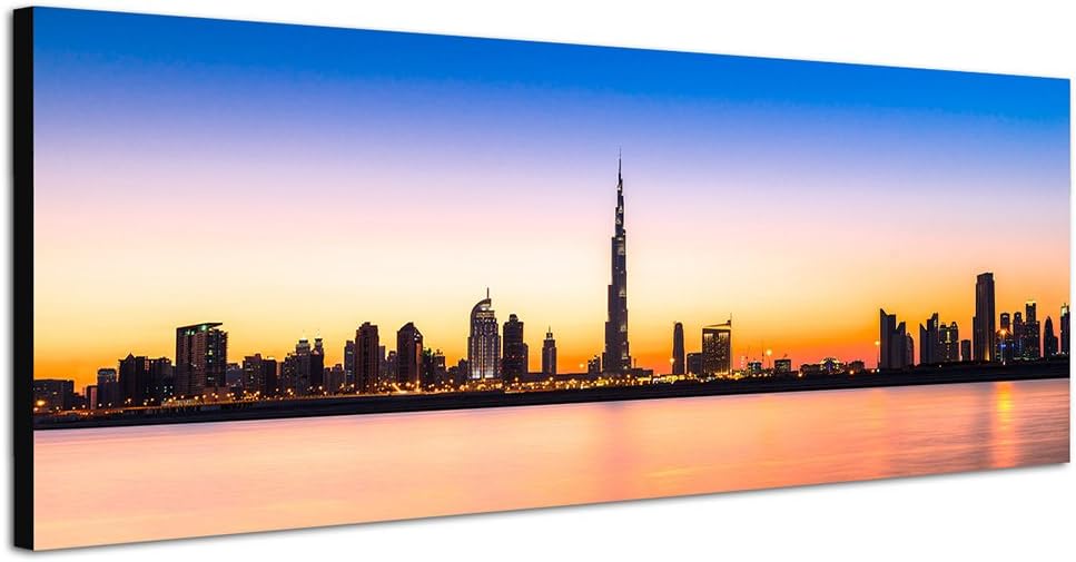 150 x 50 cm Wall Canvas Picture als Panorama Dubai Skyline Skyscraper Water Sunset