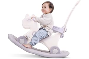 LLparty 4 in 1 Rocking Horse for Toddlers 1-3 Years Old, Baby Rocking Toy Fun Birthday Gift for 1+ Kids, Ride on Toy with Detachable Balance Board and Footrest，Balance Bike with Push Handle，White