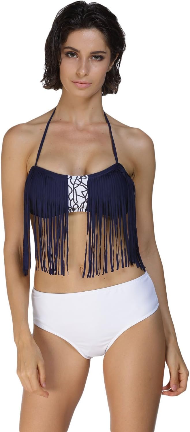 Cfanny Women's Fringe Bandeau Mix-Match Bikini Set Bathing Suit
