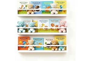 Esonal Set of 3 Kids Floating Bookshelves White – 24 Inch Wall Mounted Nursery Book Shelves with Safety Rail – Ideal Storage 