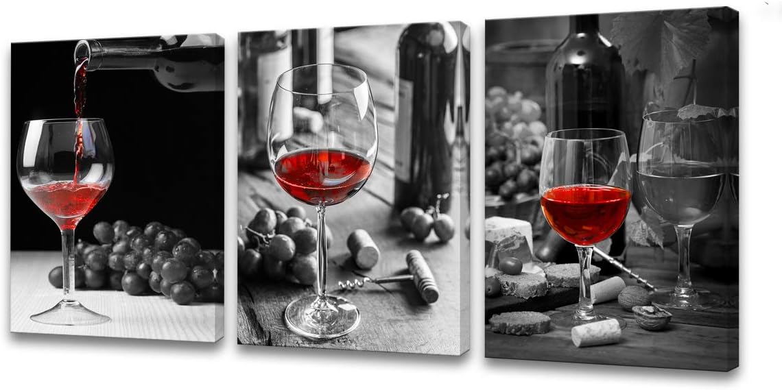 Muolunna-BK3034 Wall Art Black and White Painting Red Wine Cups Pictures Print 3 Pieces Canvas Wine Glass for Bedroom Living Room Office Dining Room Wall Decor Home Decoration Framed Ready to Hang