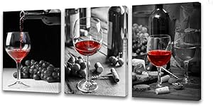 Muolunna-BK3034 Wall Art Black and White Painting Red Wine Cups Pictures Print 3 Pieces Canvas Wine Glass for Bedroom Living Room Office Dining Room Wall Decor Home Decoration Framed Ready to Hang