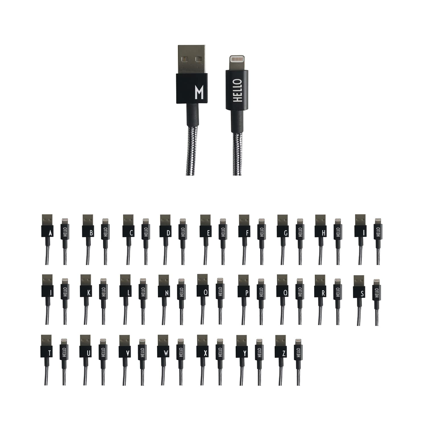 Design Letters MyCable Compatible for iPhone 1 Meter (A-Z) | USB C Cable CE Certified, RoHS & REACH Compliant | USB 2.0 Cable Type C Charger | Nylon braided USB C Charging Cable | Personal Cable Black