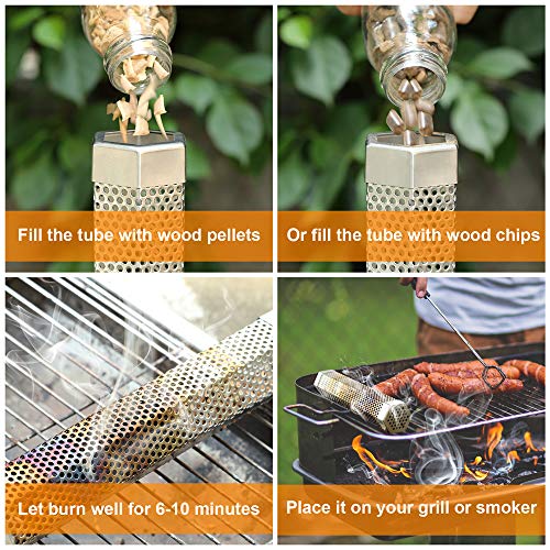 Premium Pellet Smoker Tube for All Grill Electric Gas Charcoal or Smokers- 5 Hours of Billowing Smoke - Cold or Hot Smoking- Ideal for Smoking Cheese Nuts Steaks Fish Pork Beef - 12" Stainless Steel