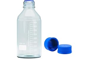 QOAEZK 1000ml Reagent Media Bottle, Graduated Glass Round Media Storage Bottle with blue GL45 Screw Cap, Wide Mouth Lab Reagent Bottle, Clear,Pack of 1