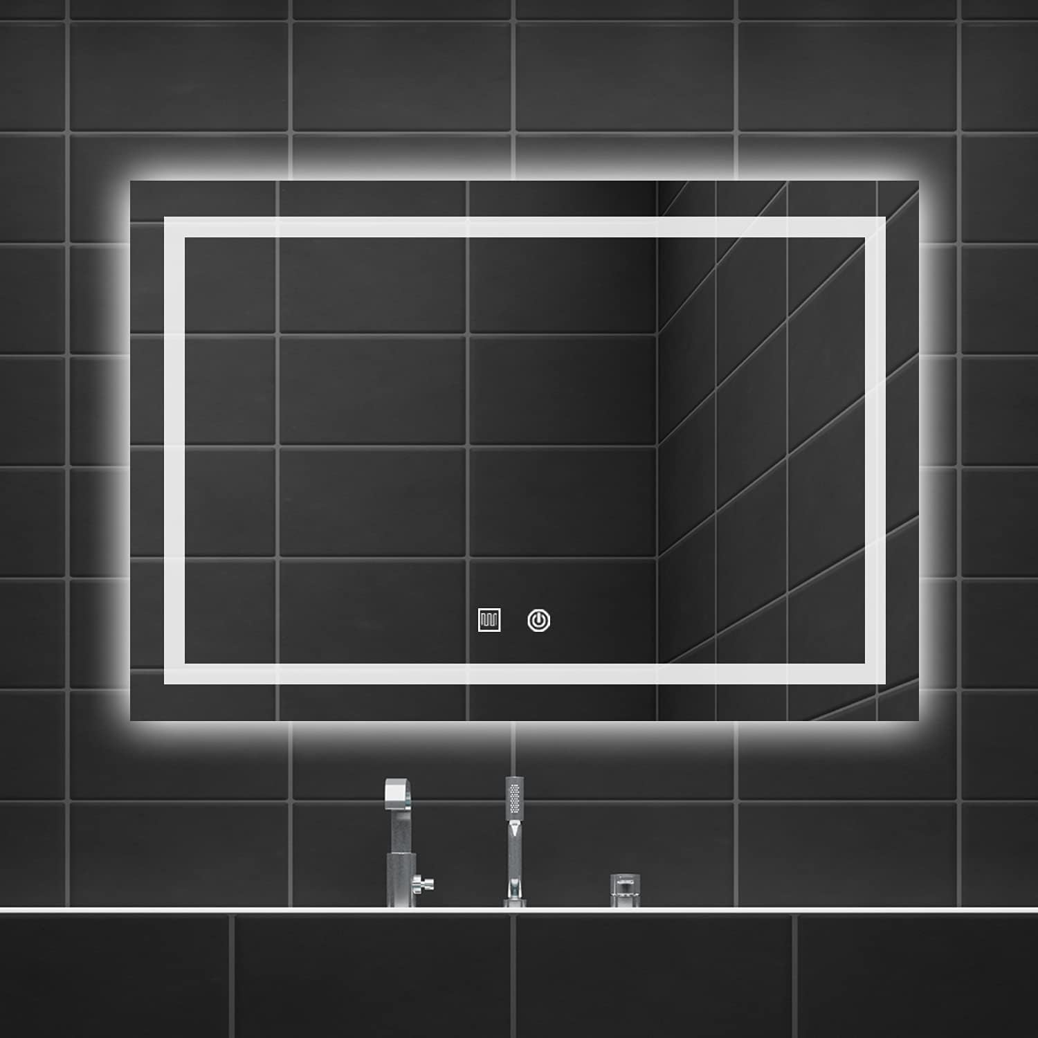 FITOLOGY Rectangle LED Bathroom Mirror Anti Fog Dimmable, Wall Mounted Vanity Mirror with Lights, IPX4 Waterproof Smart Makeup Mirror Large (36"x28"): Kitchen & Dining