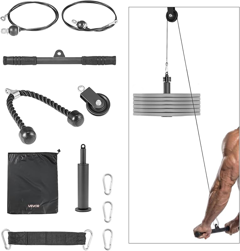 Sistema de polias de carga de 127 kg, conjunto de polias do ginásio doméstico com 2 cabos de aço, barra curta de 39,5 cm, corda para tríceps, treino de braços para bíceps, ombros, costas