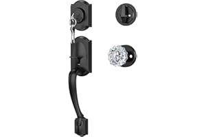 Calzibeno Vintage Black Front Door Handle and Deadbolt Set, Front Door Lock Set with Crystal Glass Door Knob, Entry Door Lock Set with Single Cylinder, Reversible for Right & Left, Matte Black