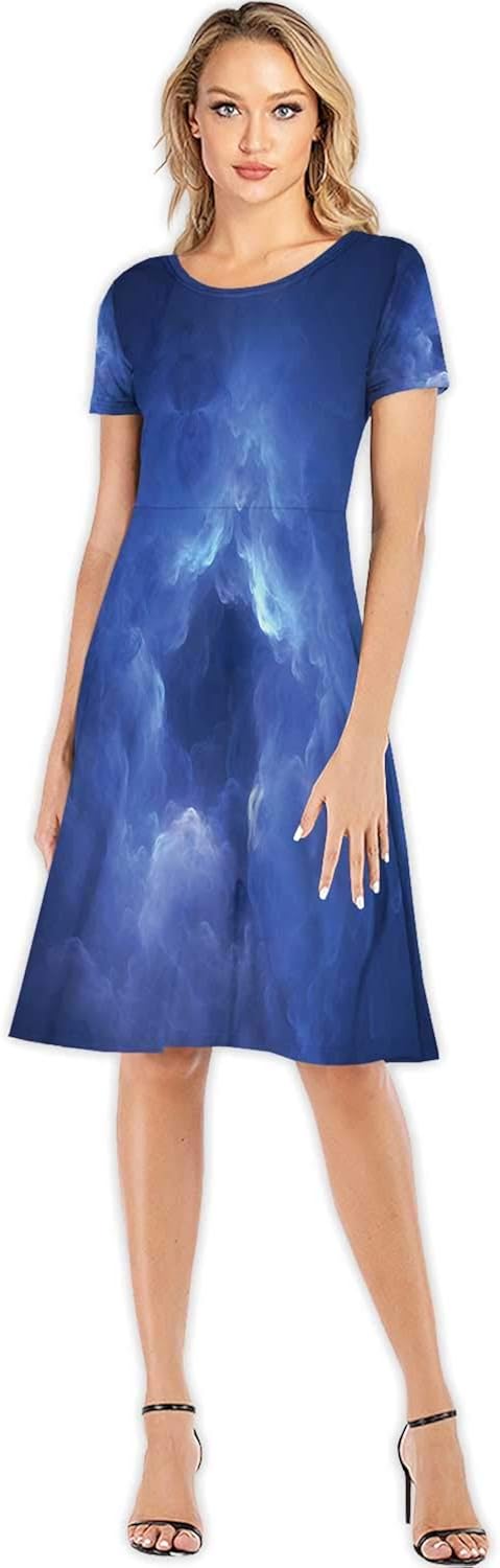 C COABALLA Blue Sky with sunColorful and buerflies Women's Slim Short Dress,110135 for Party,S