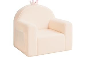 MONKISS Princess Toddler Chair, Cute Toddler Foam Couch, High Back Kids Reading Armchairs, Birthday Gifts for Boys and Girls, 1-6 Years Old, SF07, Beige Crown