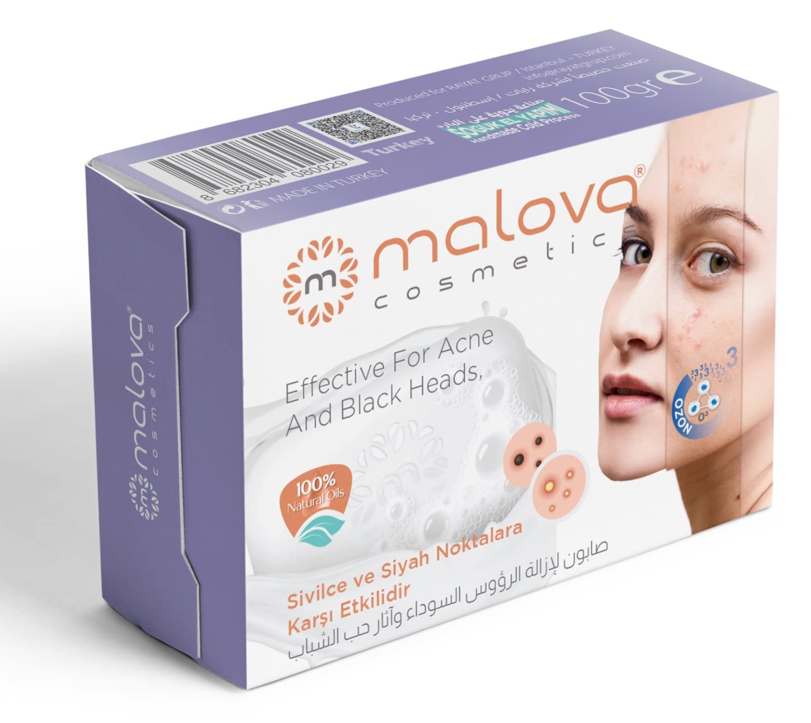 MALOVA - COSMETICS Soap For Oily Skin Effective for Acne and Blackheads Moisturizing and Freshens the skin Made of 100% Natural Oils Handmade Cold Process Mixed with Ozone O3.