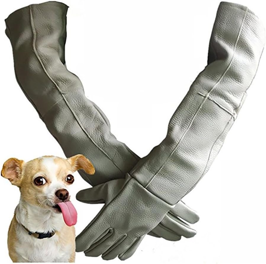 DAN Pet Anti-Bite Gloves Anti-Catch Bite Anti-Puncture Tear-Resistant Stray Dog Hamster Small Animals Bath/Injections/Shearing/Digging Ears/Cut Nails Lengthen Thickening Cowhide Gray
