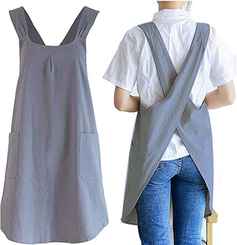 Amazon Alovetree エプロン ワークエプロン リネン コットン ワンピース風 シンプル おしゃれ ナチュラル 前掛け 家事にも育児にも使い回しok 保育士 料理人 スーパー用 花屋 レディース キッチン グレー エプロン オンライン通販