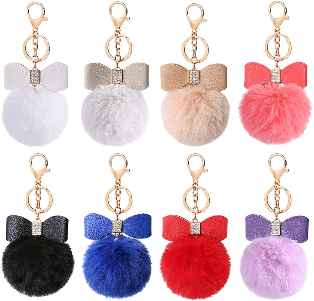 Auihiay 8 Pieces Fluffy Pom Poms Keychains Bow Rhinestone Pompoms keyrings for Car Bag DIY