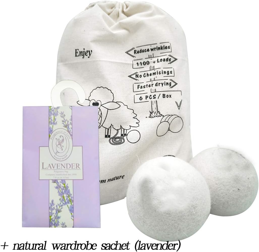 Wool Dryer Balls Organic Laundry eco-6 Pack XL 2.75in 100% Handmade Natural Fabric Softener, Reusable, Reduces Clothing Wrinkles and Saves Drying Time (Wool Dry Ball + Lavender Sachet)