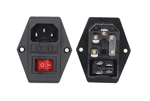 RuoFeng 2 шт. 3 штыфты IEC320 C14 Штэкер уваходнага модуля 5 A Выключальнік засцерагальнікаў Мужчынскі разетка 10 A 250 V для лабараторнага абсталявання, медыцынскіх прыбораў
