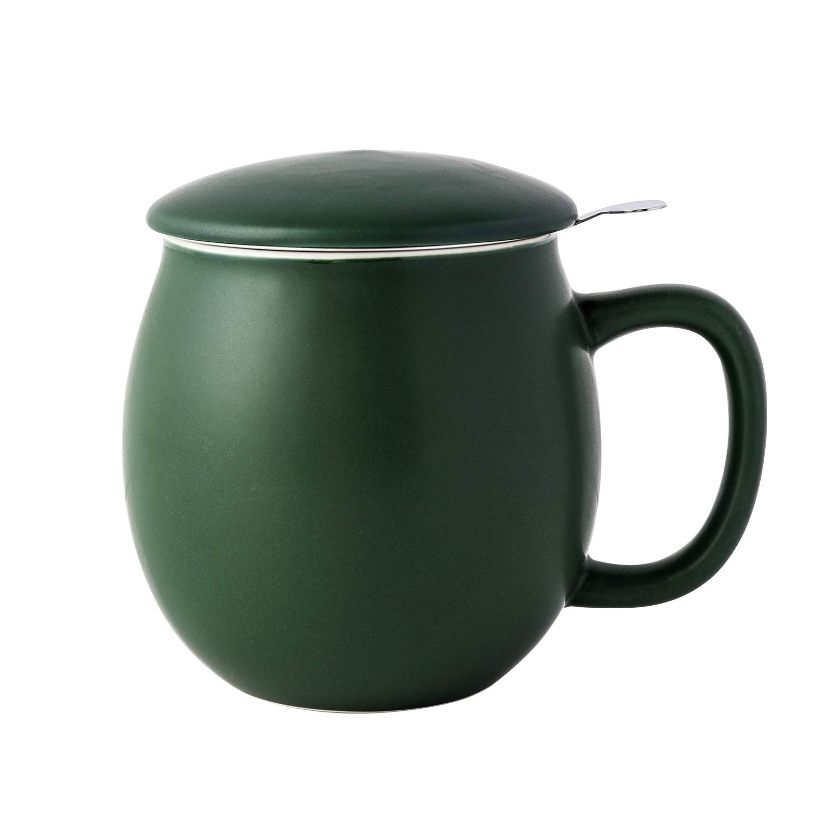 Yundu 360ml Matte Green Ceramics Teacup with Infuser and Lid, Mug with Lid for Steeping - Stainless Steel Infuser for Loose Leaf Tea, Home Office Gift for Tea Lovers