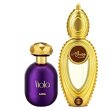 Ajmal Viola EDP Fruity Floral Perfume 75ml for Women and Wisal Dhahab EDP Fruity Floral Perfume 50ml for Men + 2 Parfum Testers FREE