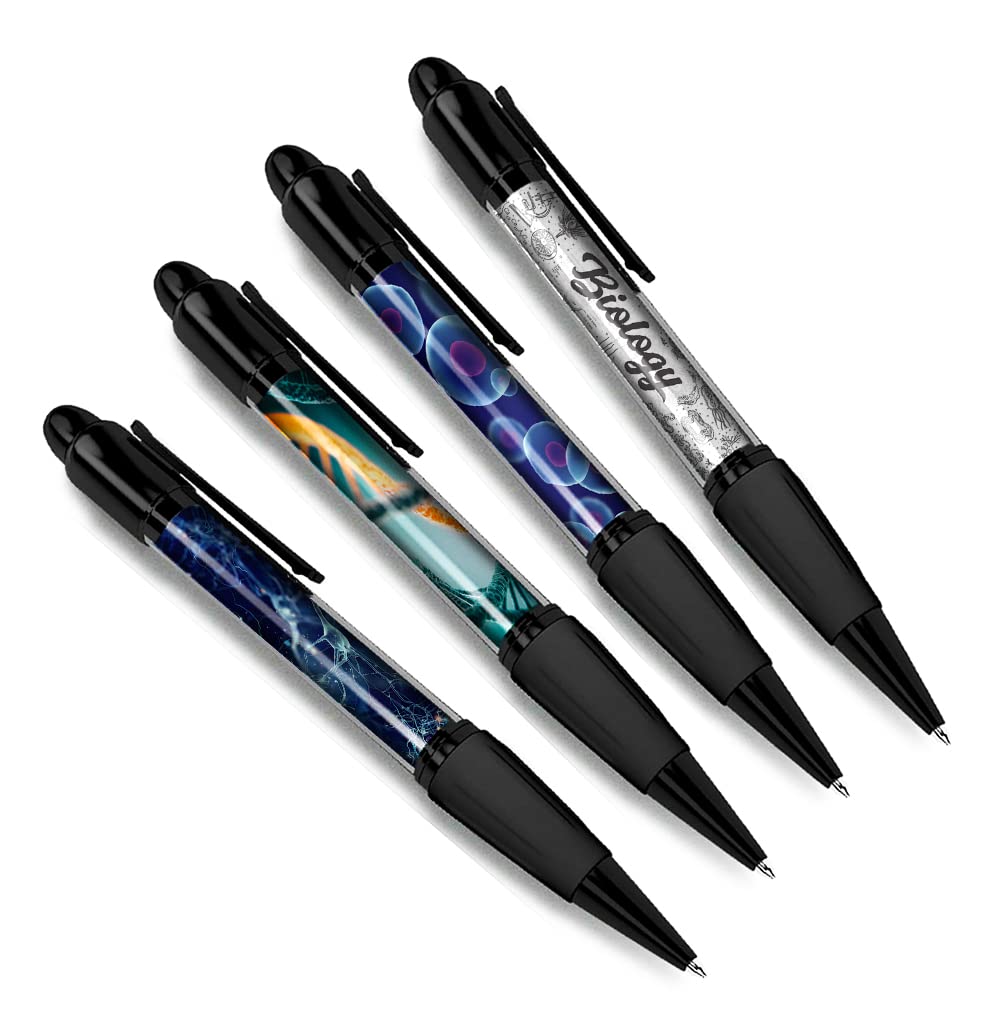 DV DESIGN Set of 4 Biology Black Ballpoint Pens - Science Teacher Student Biologist Teenager DNA Boys Girls Theme Gift #79322