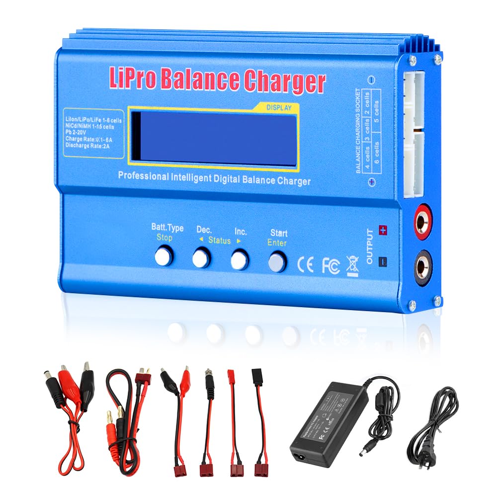 WDKXCN Lipo Battery Charger, 80W 6A Lipo Balance Charger with Complete Power Cord, RC Battery Charger with Power Adapter, Lipo Balance Charger for Lipo Li-Poly Li-Ion Life Nicd Nimh Pb