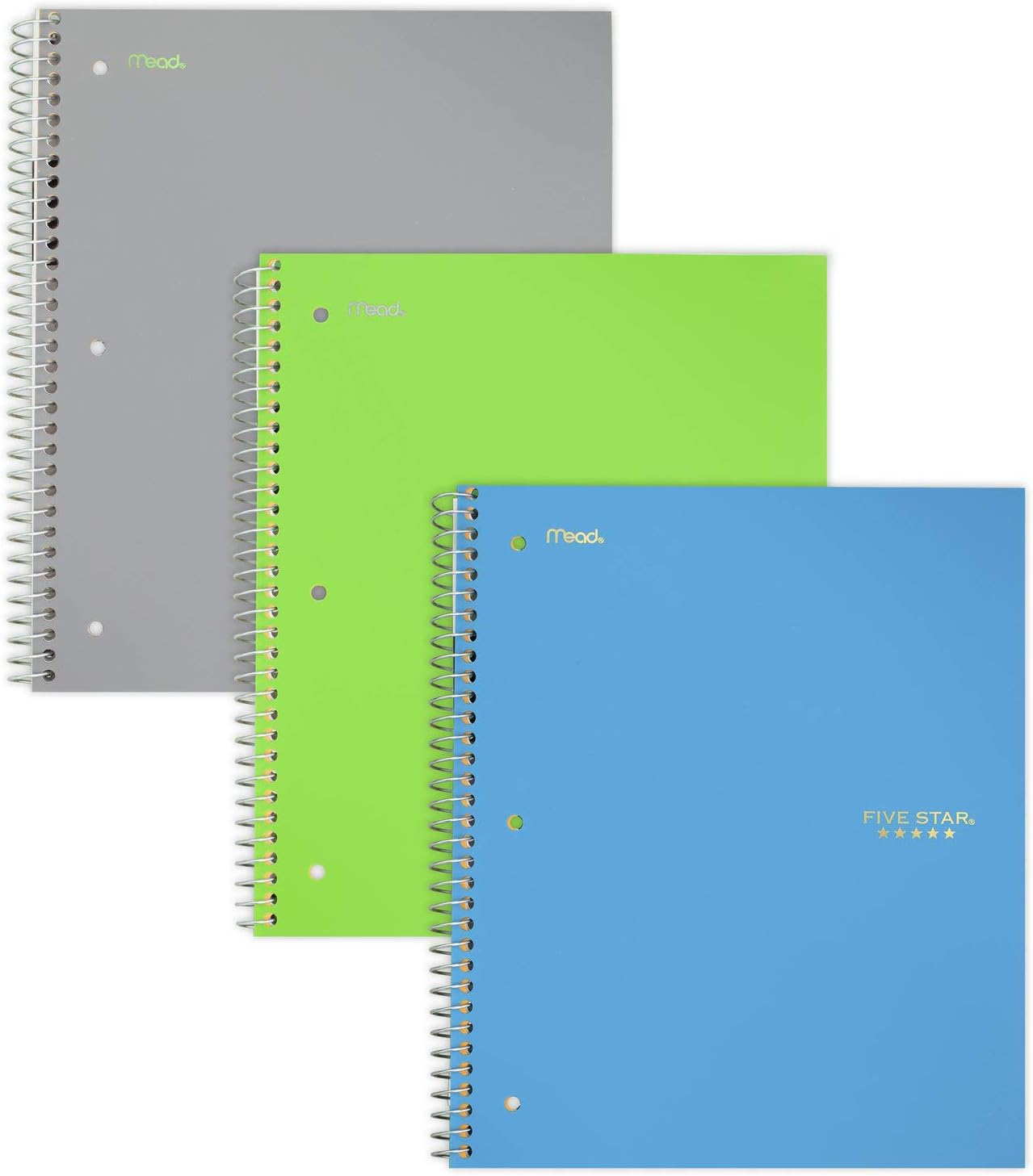 Five Star Spiral Notebooks, 3 Subject, College Ruled Paper, 150 Sheets, 11" x 8-1/2", Gray, Lime, Teal, 3 Pack (73481) : Office Products